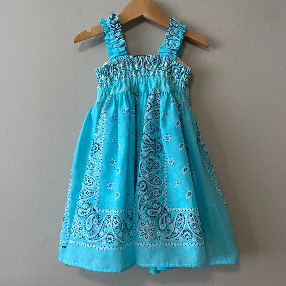 Handmade Children's 100% Cotton Blue Paisley Elastic Straps Dress - Picture 2 of 12